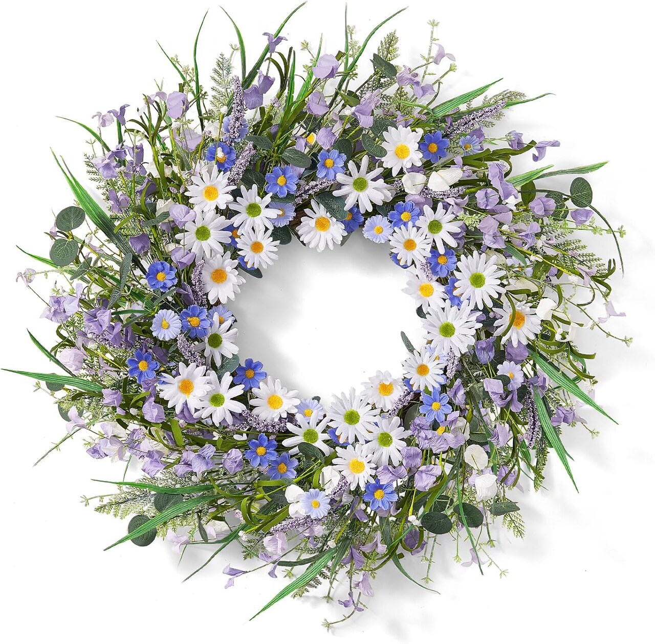 22–24" Spring & Summer Daisy Wreath with Lavender – Front Door Farmhouse Wreath for Porch, Wall, Window, Indoor & Outdoor Home Décor